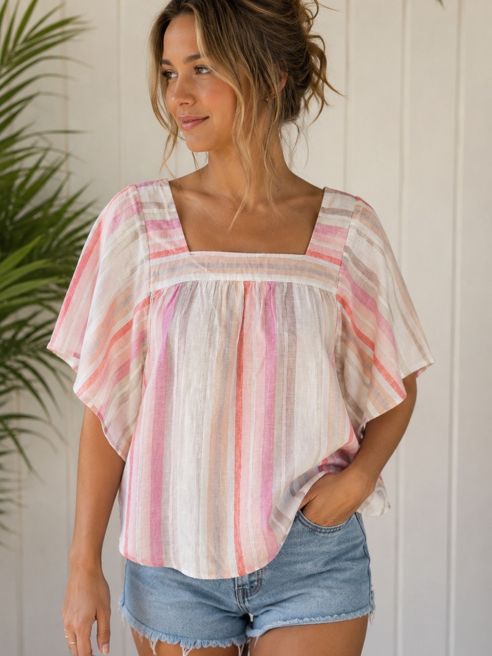 beachlunchlounge Striped Square-Neck Flutter Sleeve Top